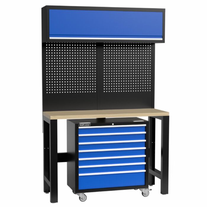 Kraftmeister Standard workbench with wall cabinet and roller cabinet plywood 136 cm blue