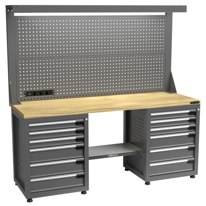 Kraftmeister Pro workbench with tool panel 12 drawers oak 200 cm grey