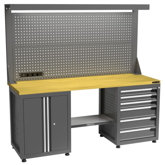 Kraftmeister Pro workbench with tool panel 6 drawers 2 doors MDF 200 cm grey