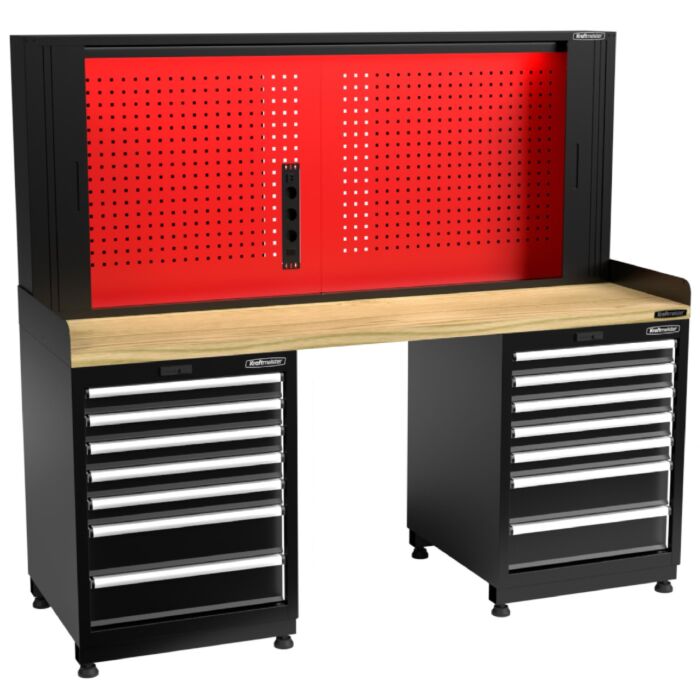 Kraftmeister Expert workbench with tool panel 14 drawers oak 200 cm grey