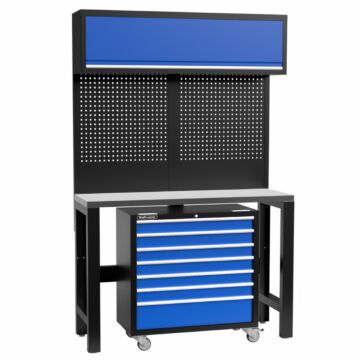 Kraftmeister Standard workbench with wall cabinet and roller cabinet stainless steel 136 cm blue