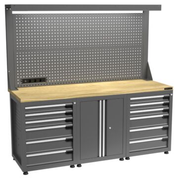 Kraftmeister Pro workbench with tool panel 12 drawers 2 doors oak 200 cm grey